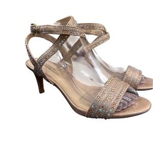 Alex Marie Gold Rhinestone Kitten Heel Sandals Metallic Evening Wedding Size 8.5